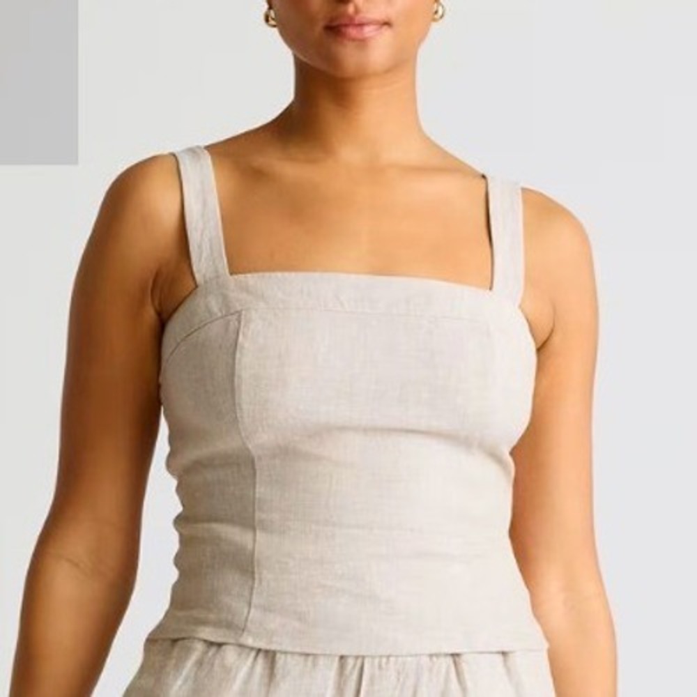 Quince Beige 100% European Linen Bustier Fitted Crop Minimalist Coastal Tank S